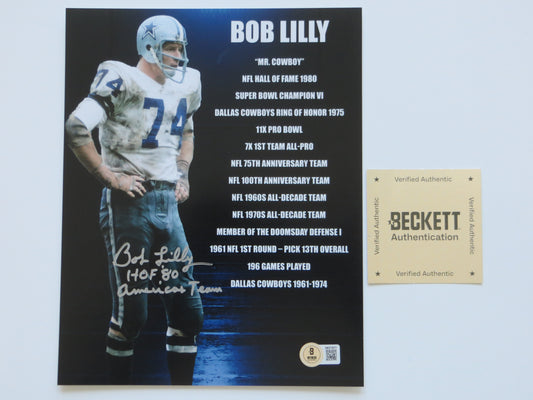 BOB LILLY DALLAS COWBOYS SIGNED 8x10 w/HOF AmericasTeam TCU BAS