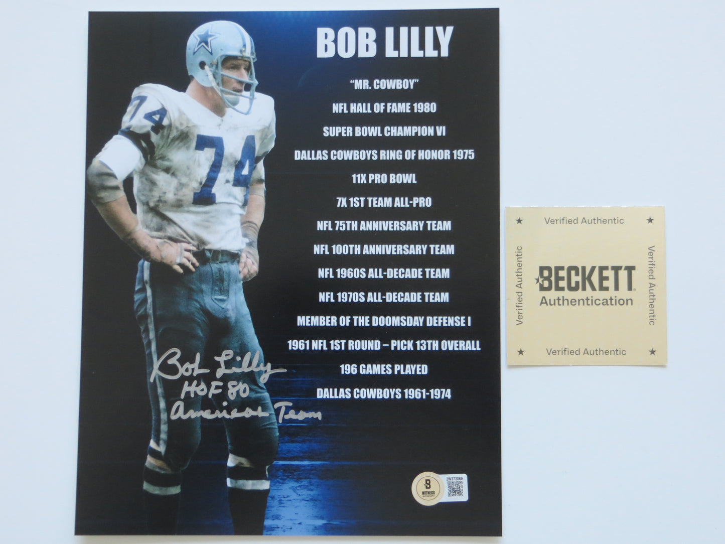 BOB LILLY DALLAS COWBOYS SIGNED 8x10 w/HOF AmericasTeam TCU BAS