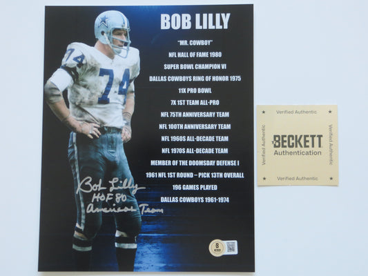 BOB LILLY DALLAS COWBOYS SIGNED 8x10 w/HOF AmericasTeam TCU BAS