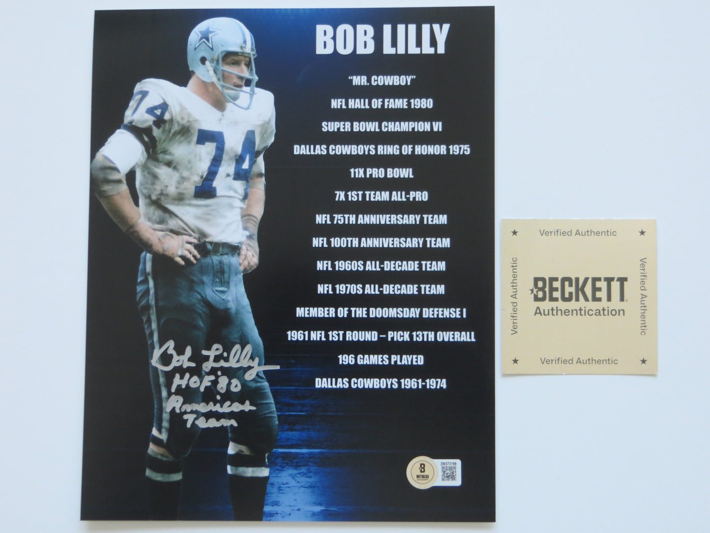 BOB LILLY DALLAS COWBOYS SIGNED 8x10 w/HOF AmericasTeam TCU BAS