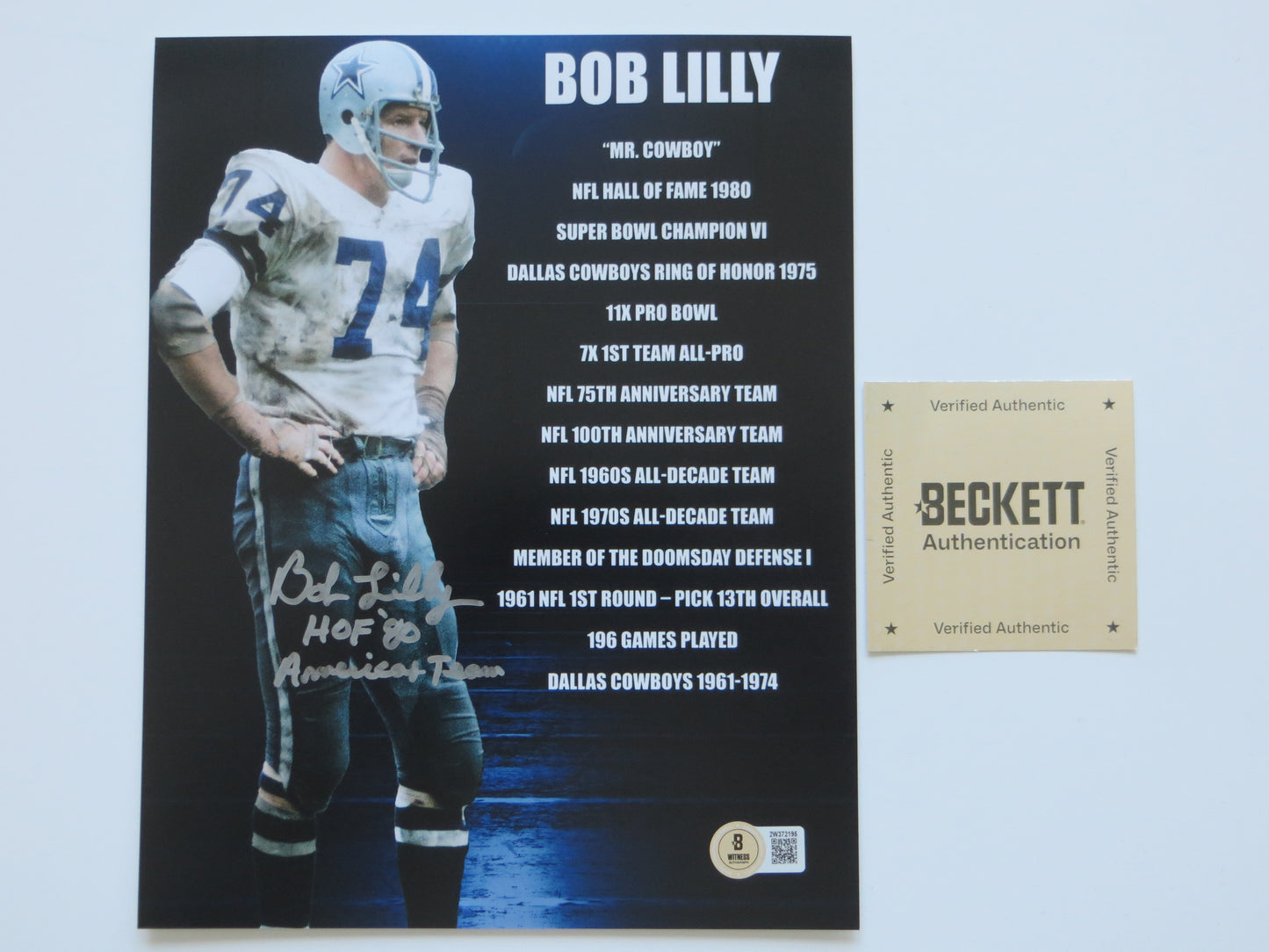 BOB LILLY DALLAS COWBOYS SIGNED 8x10 w/HOF AmericasTeam TCU BAS