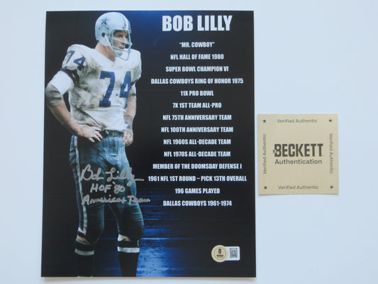 BOB LILLY DALLAS COWBOYS SIGNED 8x10 w/HOF AmericasTeam TCU BAS