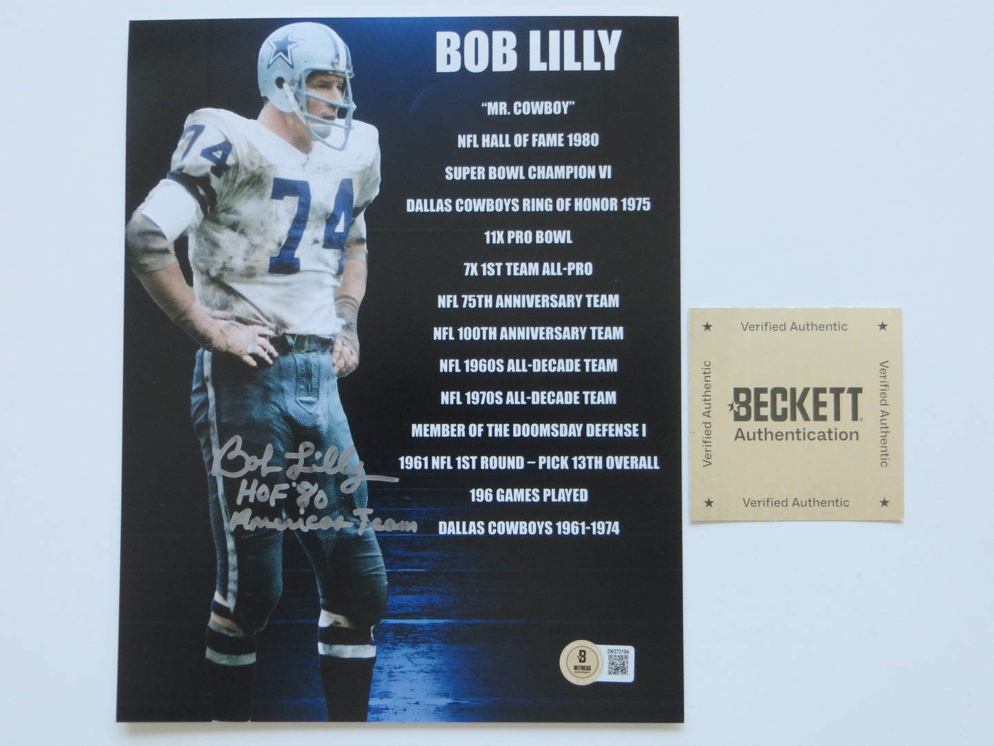 BOB LILLY DALLAS COWBOYS SIGNED 8x10 w/HOF AmericasTeam TCU BAS