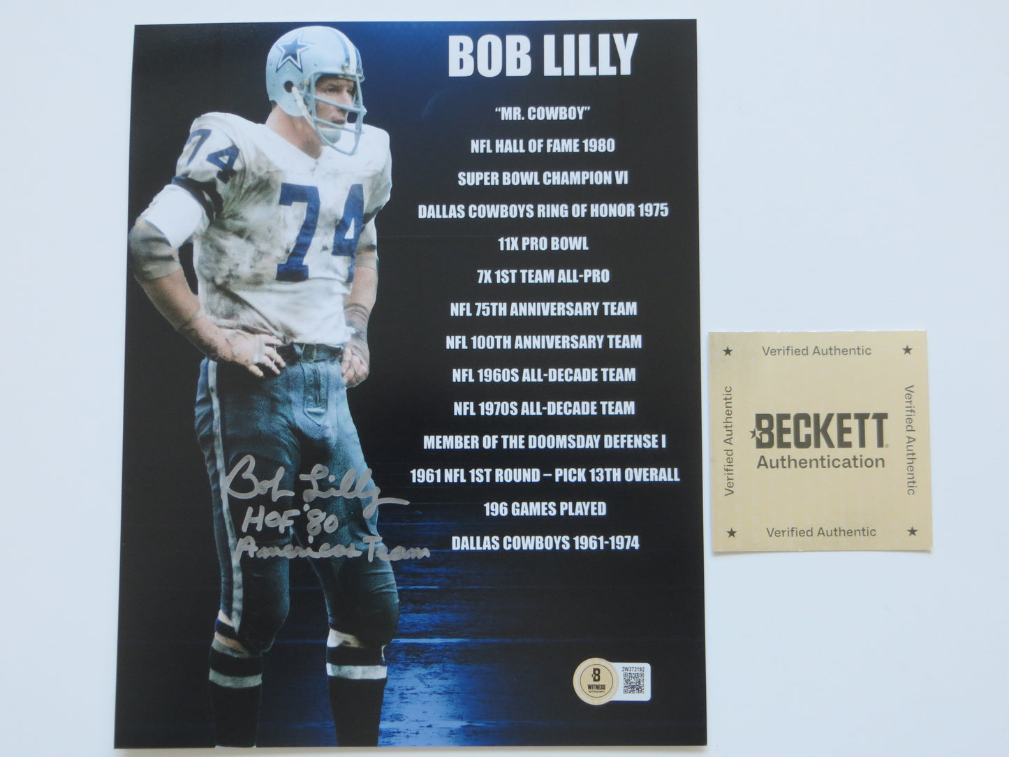 BOB LILLY DALLAS COWBOYS SIGNED 8x10 w/HOF AmericasTeam TCU BAS
