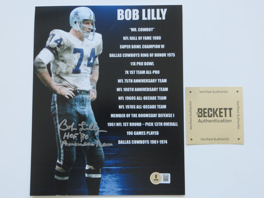 BOB LILLY DALLAS COWBOYS SIGNED 8x10 w/HOF AmericasTeam TCU BAS