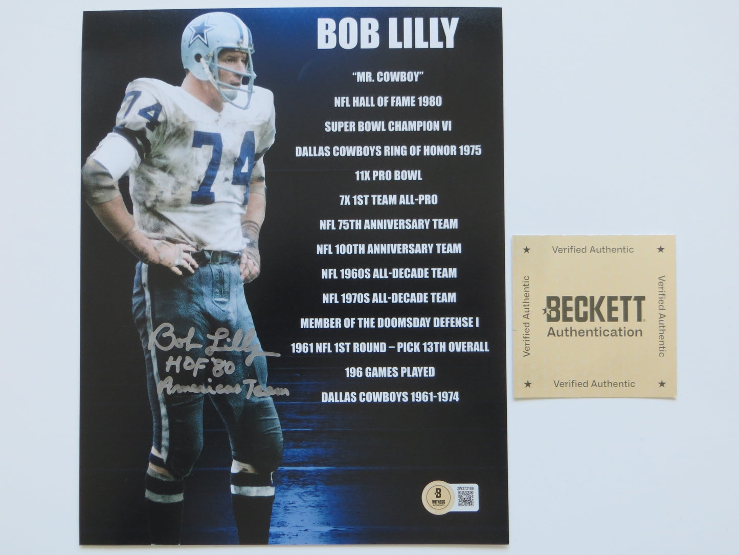 BOB LILLY COWBOYS SIGNED 8x10 PHOTO w/2 INSC TCU BAS COA