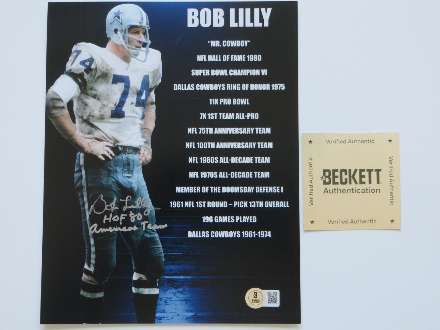 BOB LILLY COWBOYS SIGNED 8x10 PHOTO w/2 INSC TCU BAS COA