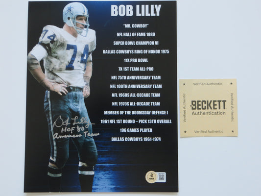 BOB LILLY COWBOYS SIGNED 8x10 PHOTO w/2 INSC TCU BAS COA