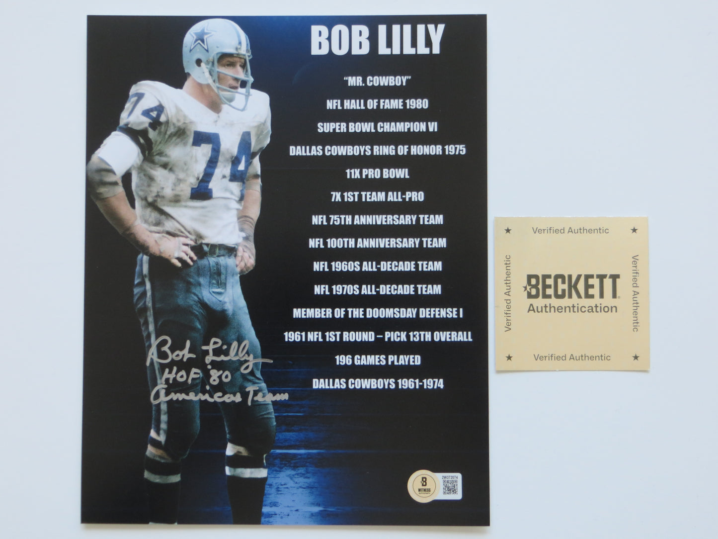 BOB LILLY COWBOYS SIGNED 8x10 PHOTO w/2 INSC TCU BAS COA