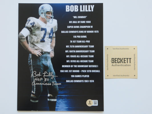 BOB LILLY COWBOYS SIGNED 8x10 PHOTO w/2 INSC TCU BAS COA