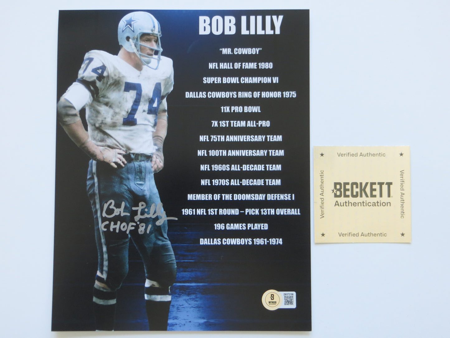 BOB LILLY COWBOYS SIGNED 8x10 PHOTO w/2 INSC TCU BAS COA
