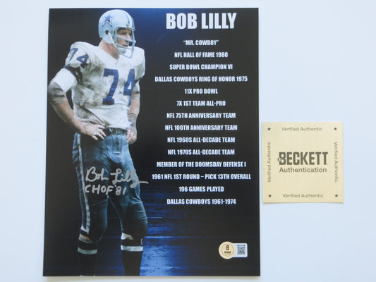 BOB LILLY COWBOYS SIGNED 8x10 PHOTO w/2 INSC TCU BAS COA