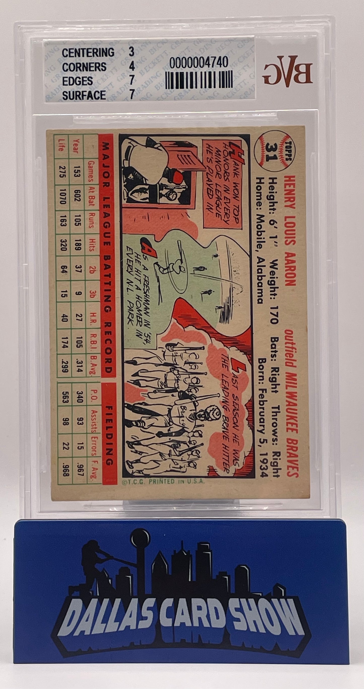 1956 Topps Hank Aaron #31 BVG 3.5 VG+