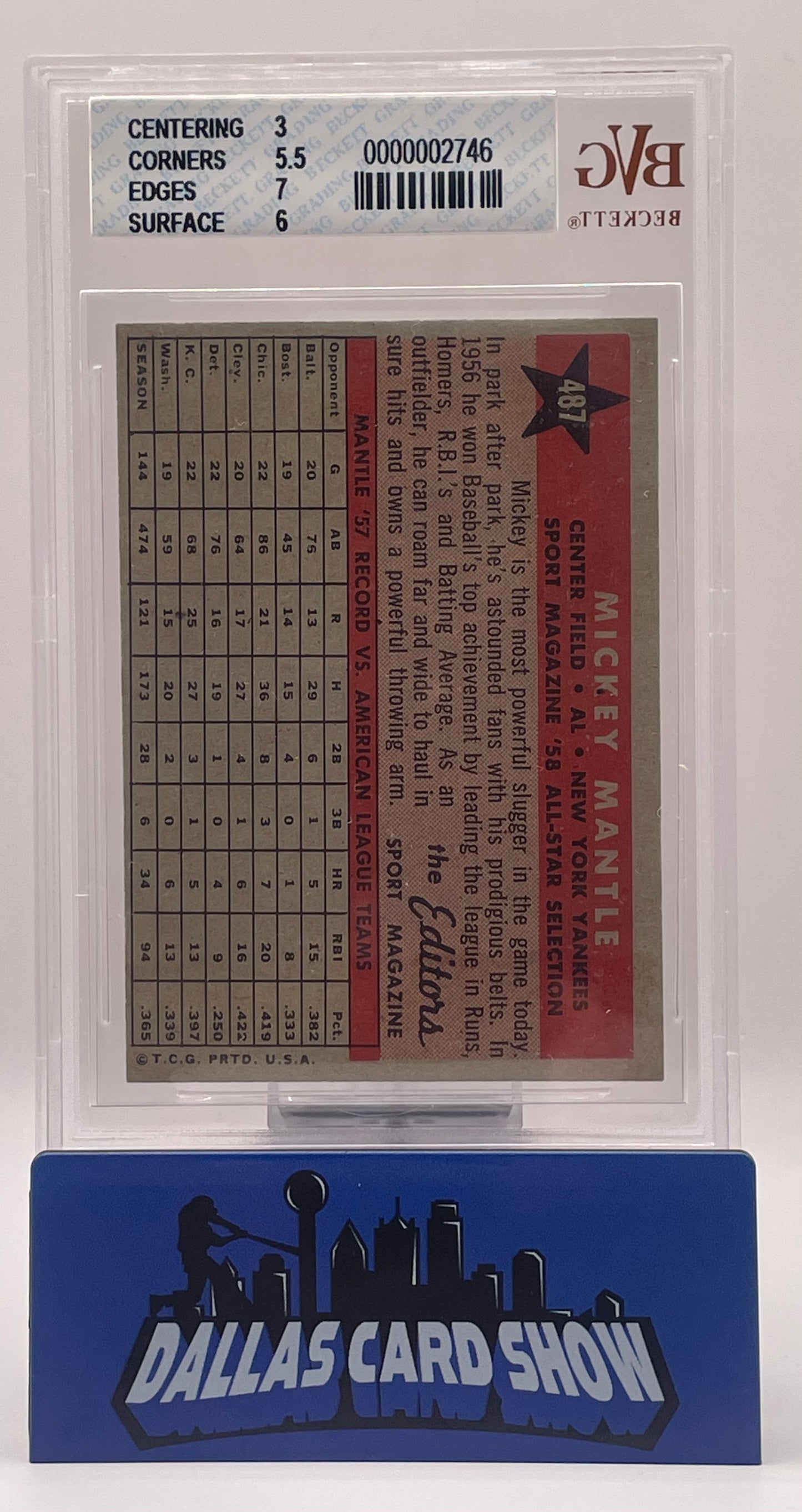 1958 Topps Mickey Mantle All Star #487 BVG 4 VG-EX