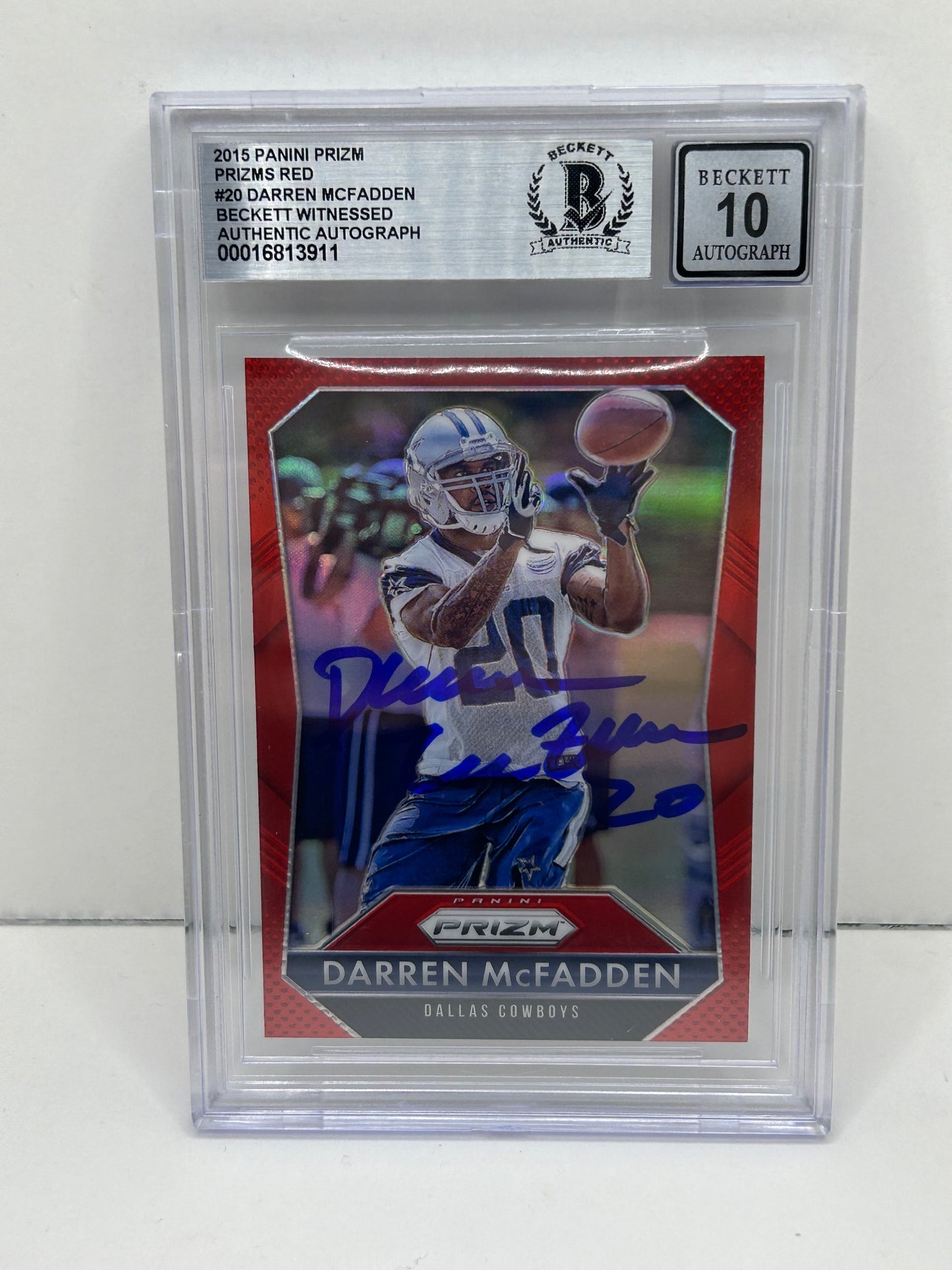 2015 Panini Prizm Darren McFadden #20 Retail Red Prizm Auto Beckett Witnessed 10 Auto