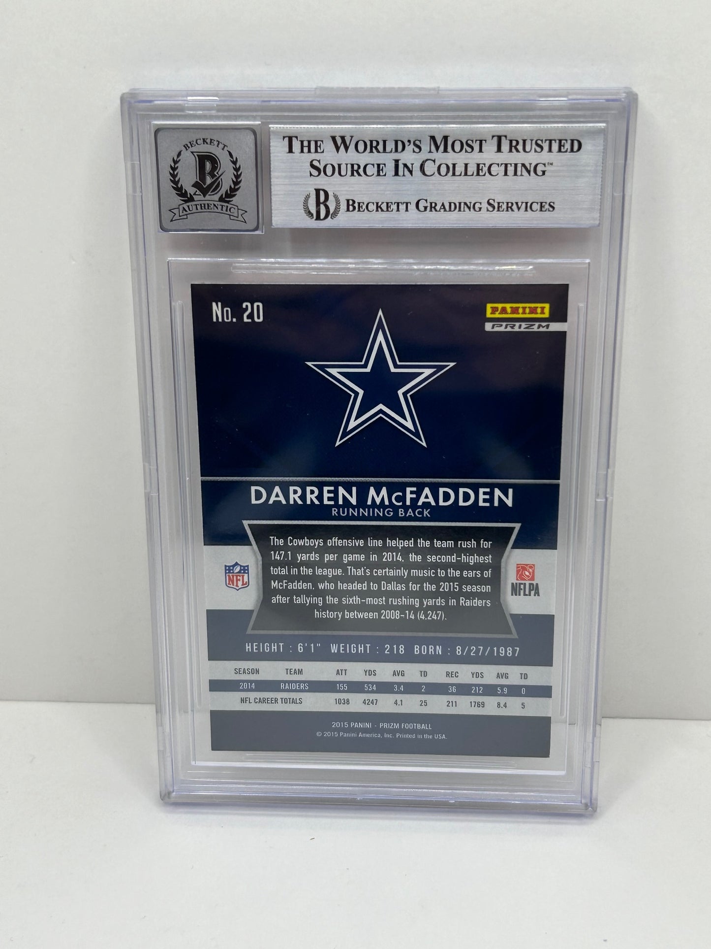2015 Panini Prizm Darren McFadden #20 Retail Red Prizm Auto Beckett Witnessed 10 Auto