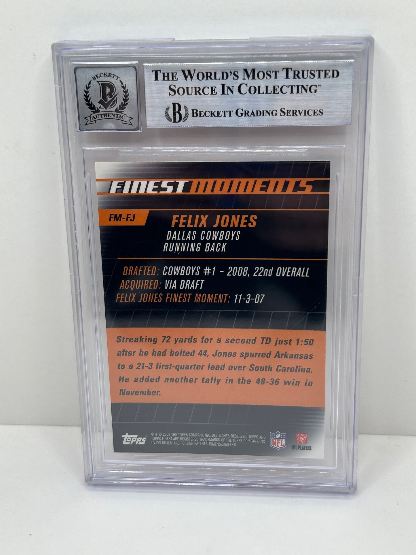 2008 Finest Moments Felix Jones #FMFJ Auto Beckett Witnessed Beckett 10 Autograph