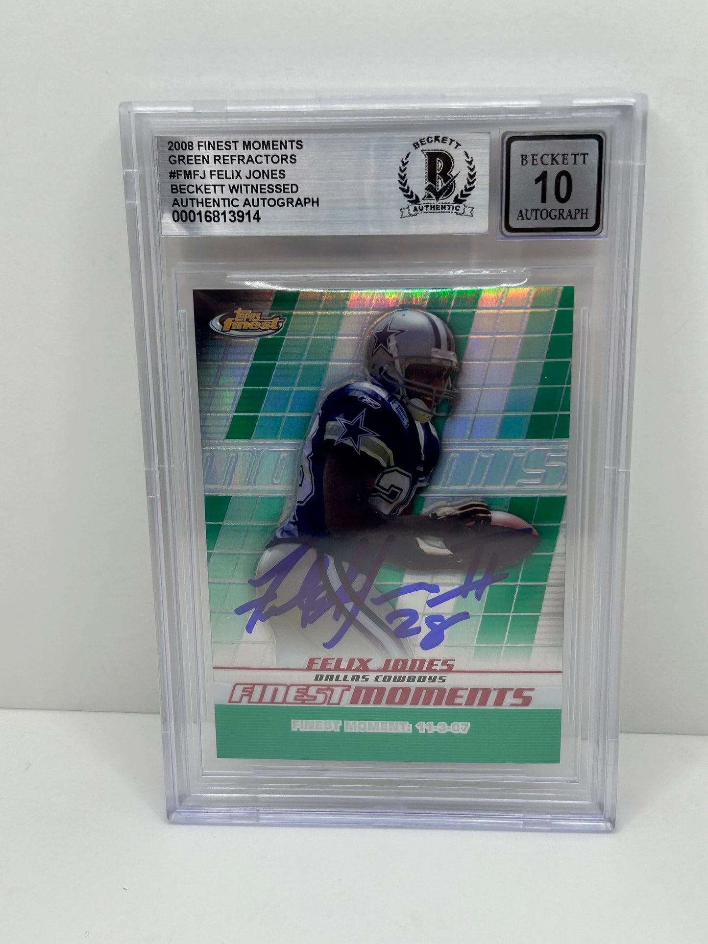 2008 Finest Moments Felix Jones #FMFJ Green Refractor Beckett Witnessed Beckett 10 Auto