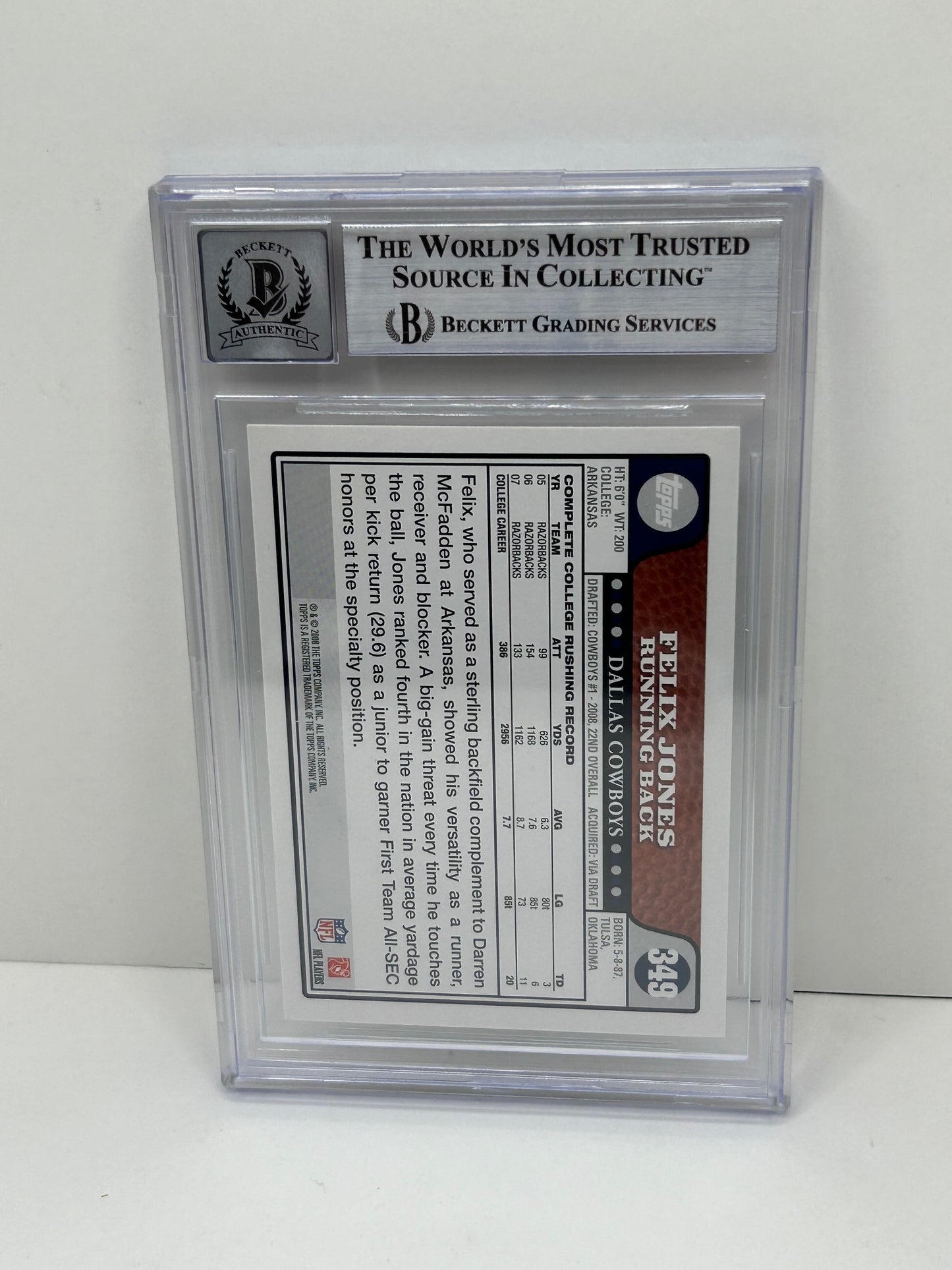 2008 Topps Felix Jones #349 Auto Rookie Beckett Witnessed Beckett 10 Autograph