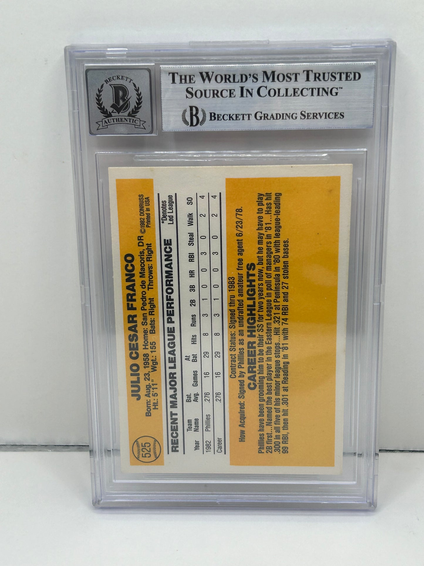 1983 Donruss Julio Franco #525 Auto Beckett Witnessed Beckett 10 Autograph (4692)