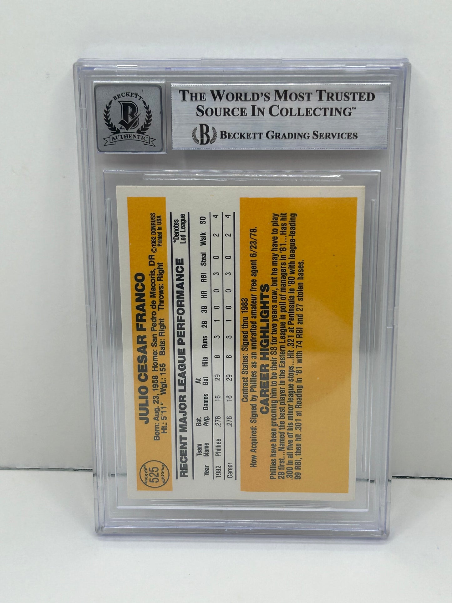 1983 Donruss Julio Franco #525 Auto Beckett Witnessed Beckett 10 Autograph (4695)