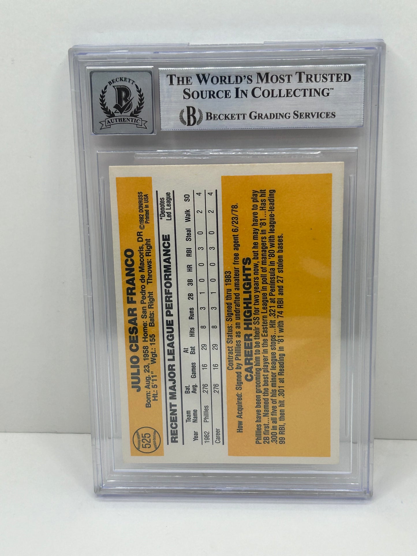 1983 Donruss Julio Franco #525 Auto Beckett Witnessed Beckett 10 Autograph (4691)