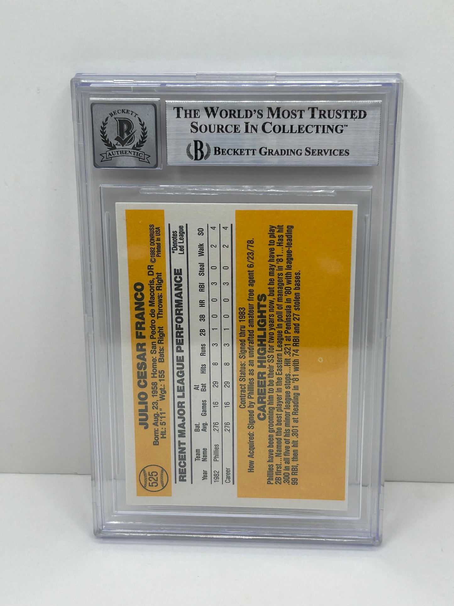 1983 Donruss Julio Franco #525 Auto Beckett Witnessed Beckett 10 Autograph (4697)