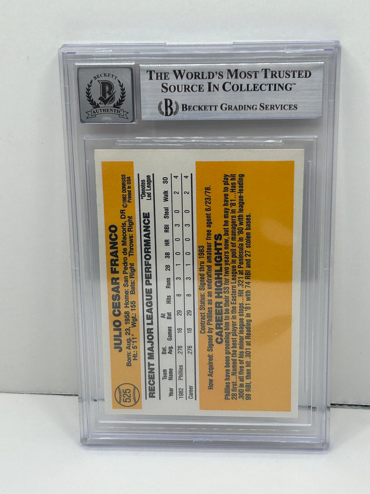 1983 Donruss Julio Franco #525 Auto Beckett Witnessed Beckett 10 Autograph (4690)