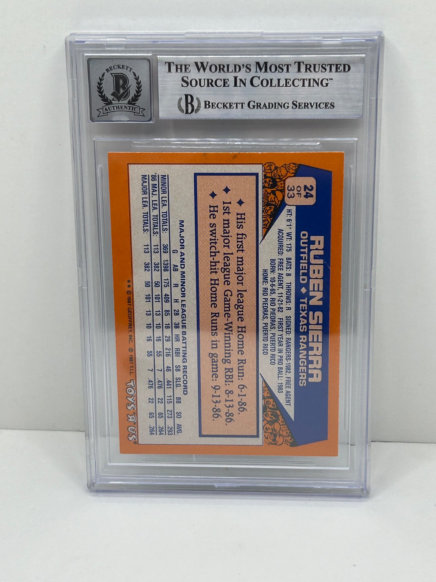 1987 Toys R Us Rookies Ruben Sierra #24 Beckett Witnessed Beckett  10 Autograph (4711)