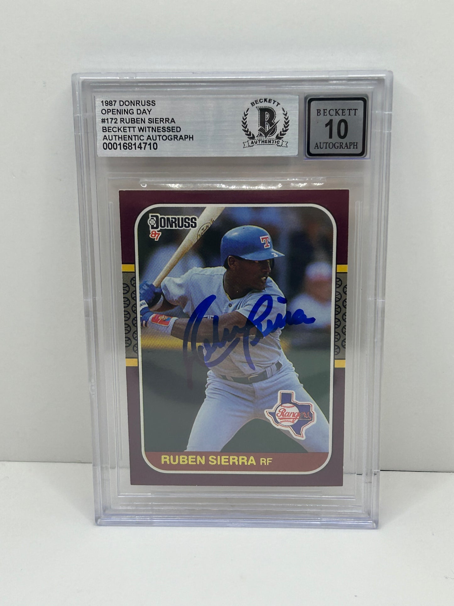 1987 Donruss Opening Day Ruben Sierra #172 Auto Beckett Witnessed Beckett 10 Auto (4710)