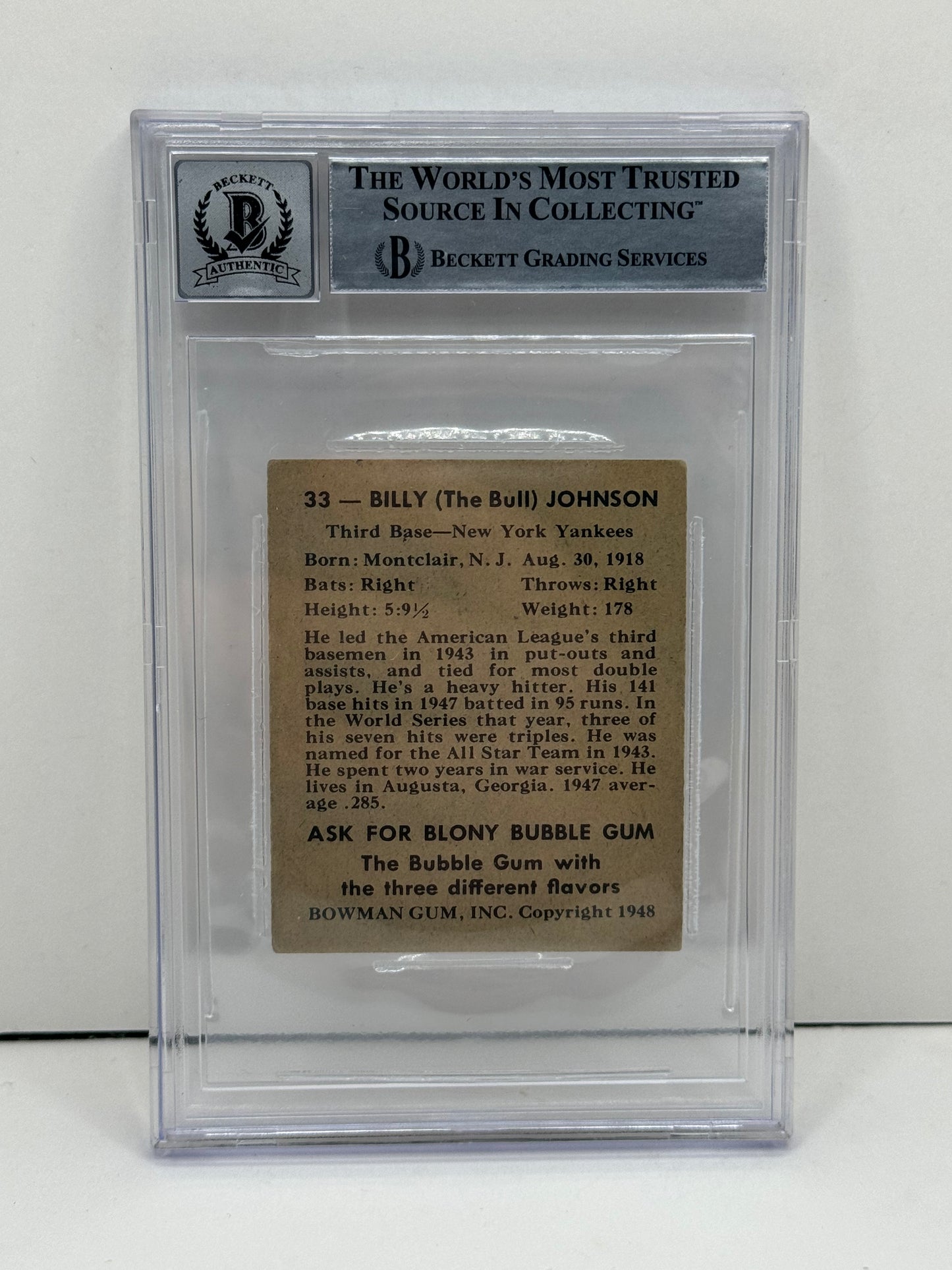 1948 Bowman Billy Johnson #33 Auto Beckett 10 Autograph