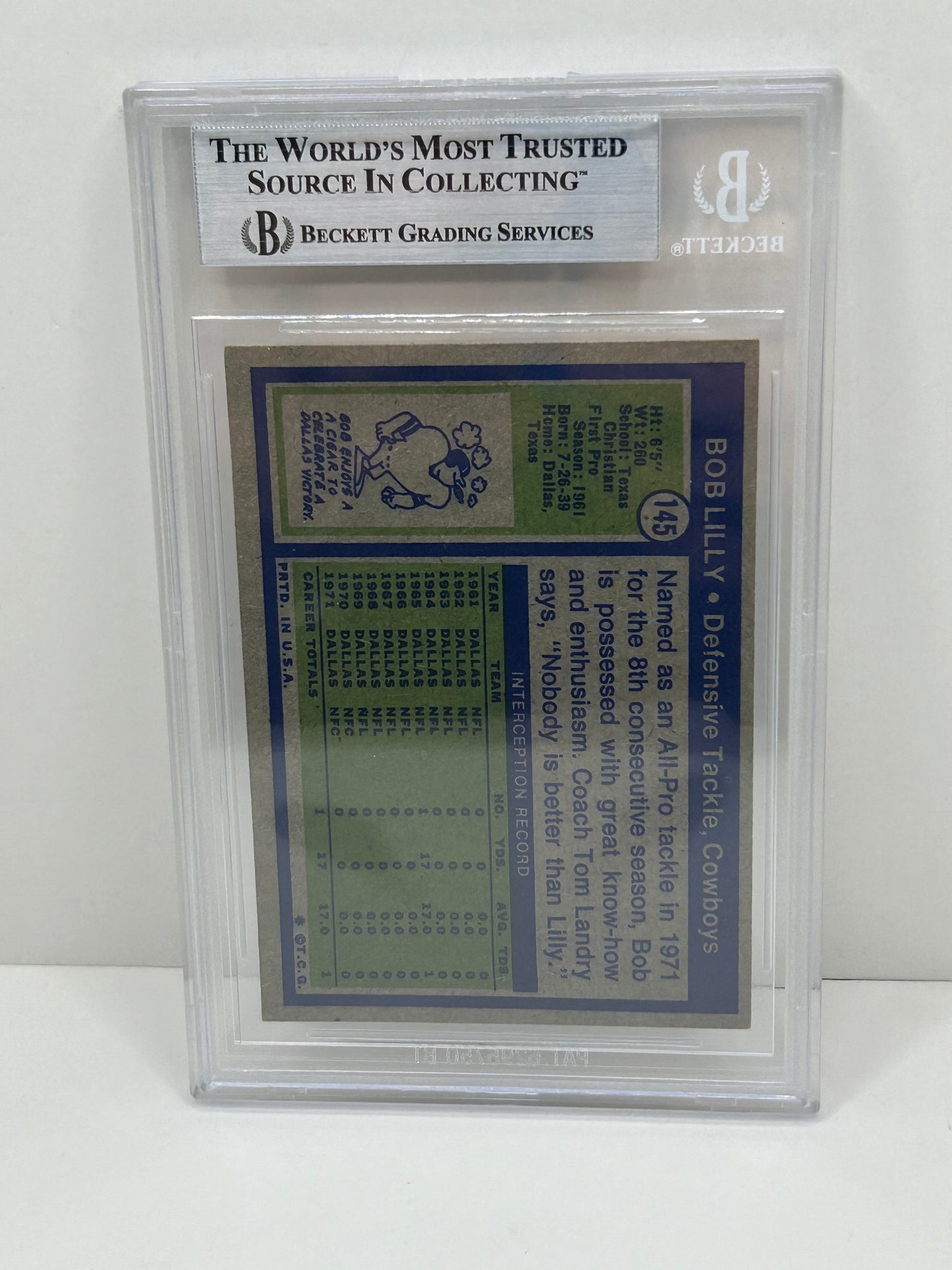 1972 Topps Bob Lilly #145 Beckett Witnessed Beckett Authentic (4992)