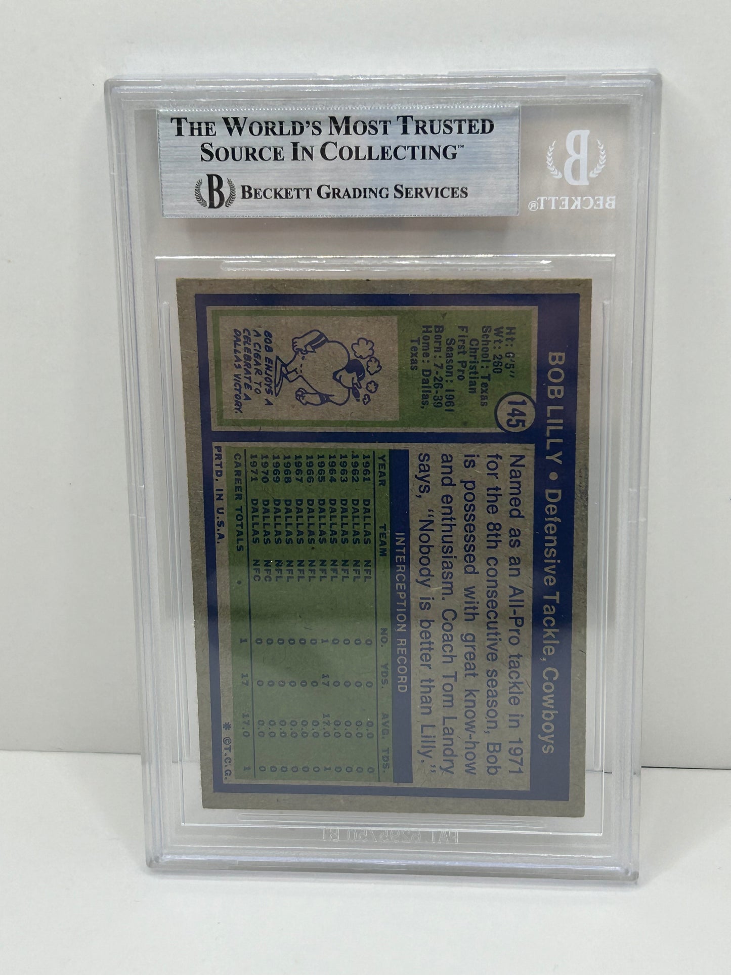 1972 Topps Bob Lilly #145 Beckett Witnessed Beckett Authentic (4993)
