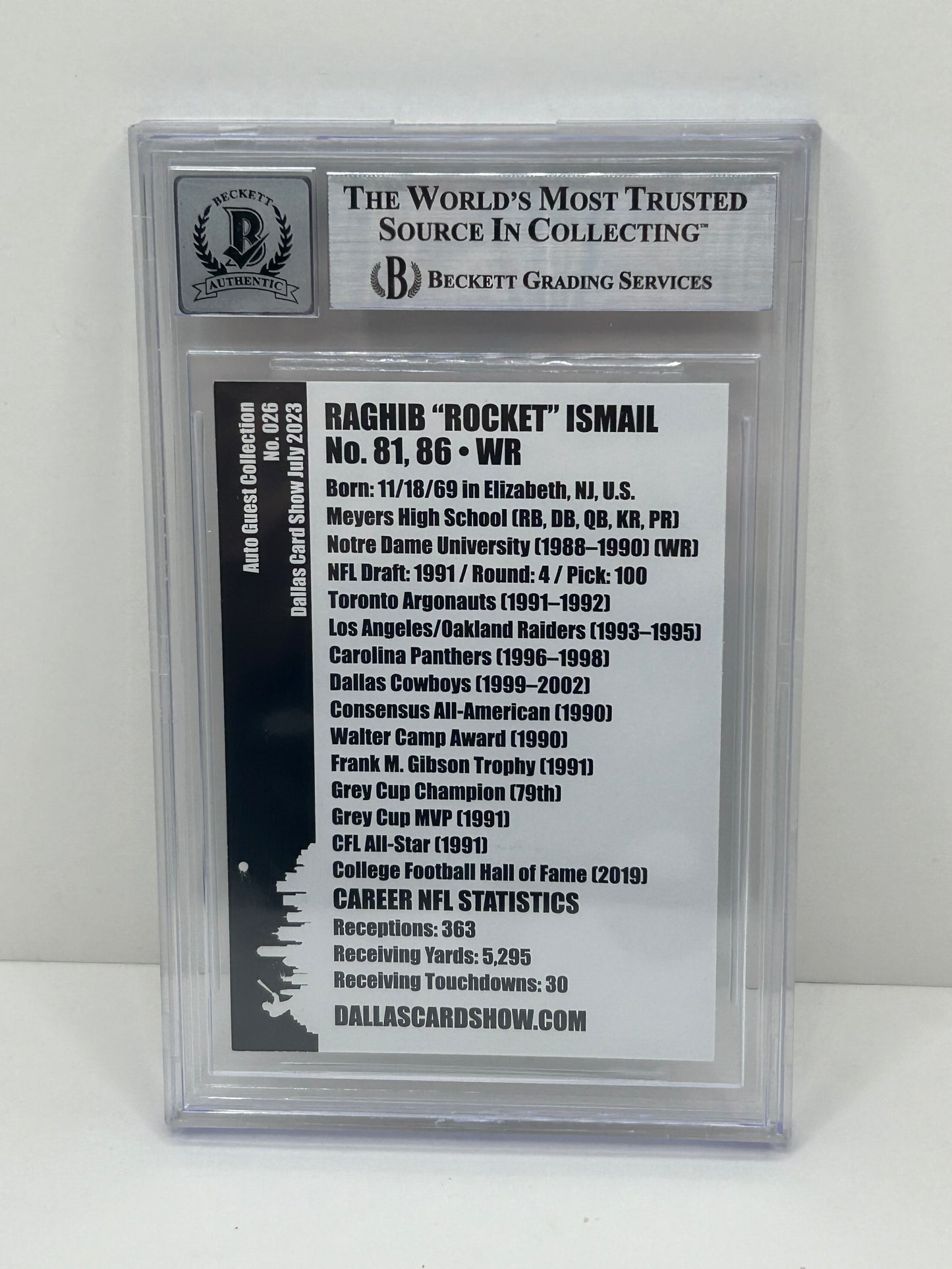 2023 Dallas Card Show Raghib "Rocket" Ismail #26 July Auto Guest Collection Beckett Auto 10(3903)
