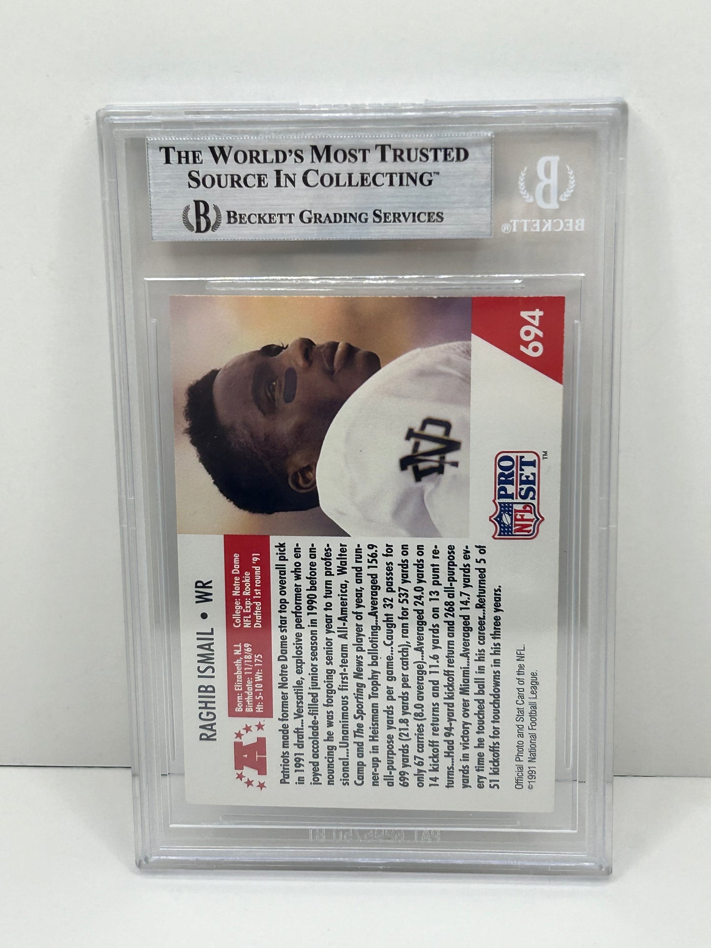 1991 Pro Set Raghib "Rocket" Ismail #694E Draft Day Beckett Witnessed Beckett Authentic (5007)
