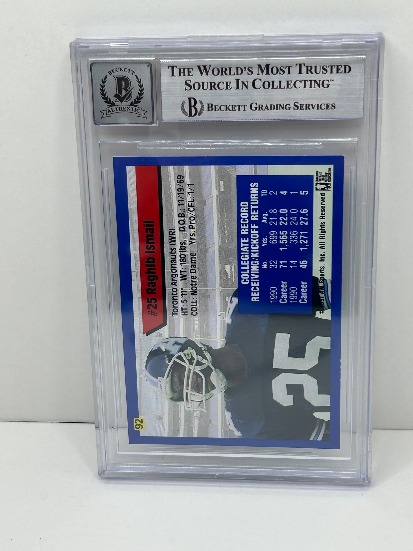 1991 All World CFL Raghib "Rocket" Ismail #92 Beckett Witnessed Beckett 10 Autograph