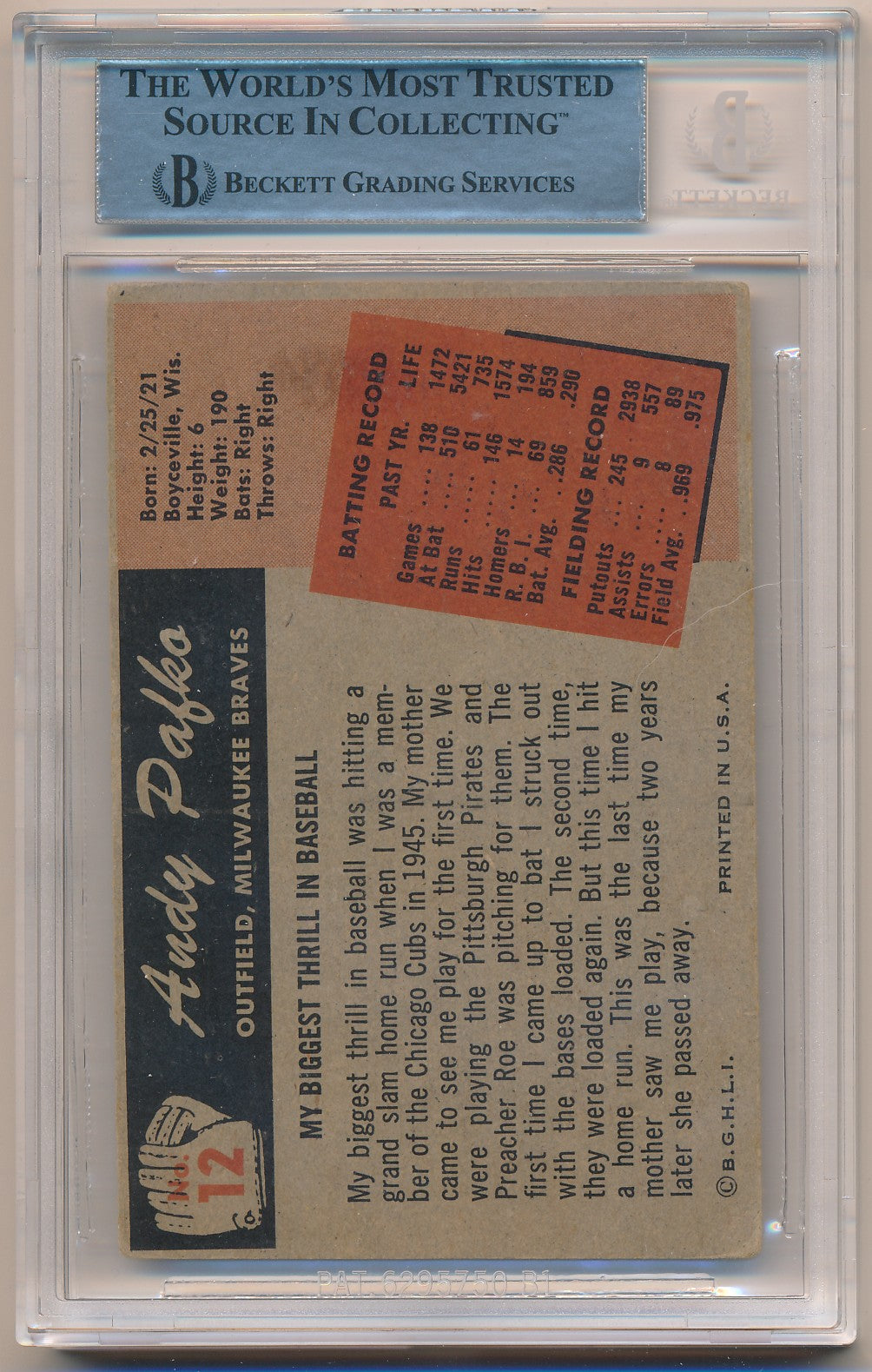 1955 BOWMAN #12 ANDY PAFKO AUTHENTIC AUTO
