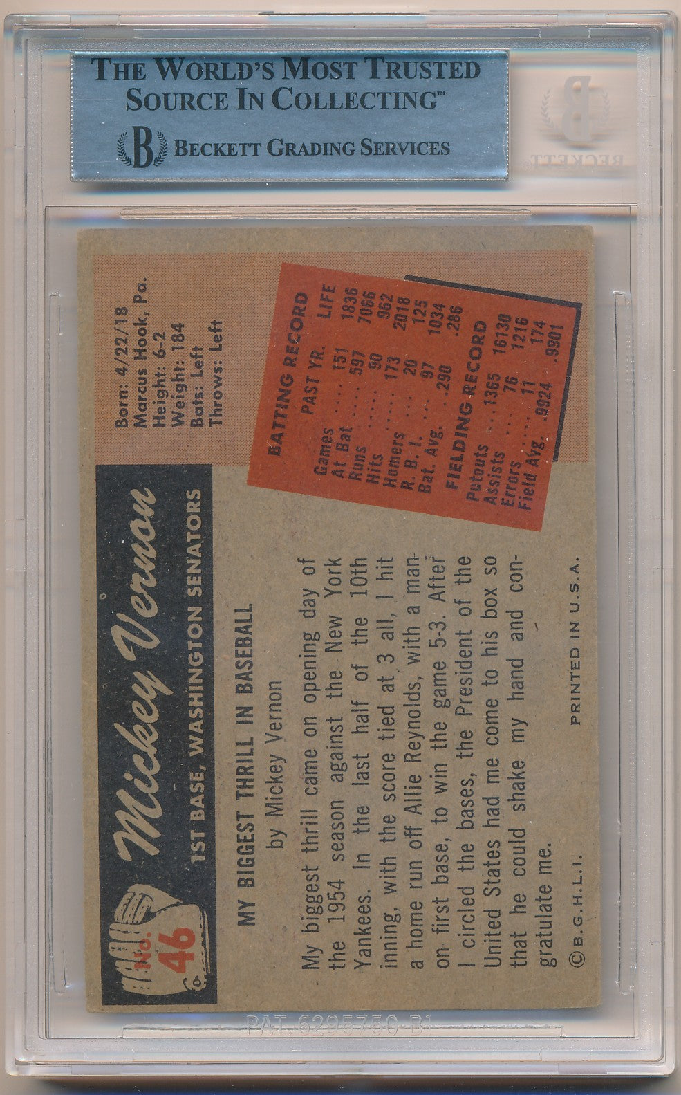 1955 BOWMAN #46 MICKEY VERNON AUTHENTIC AUTO BAS