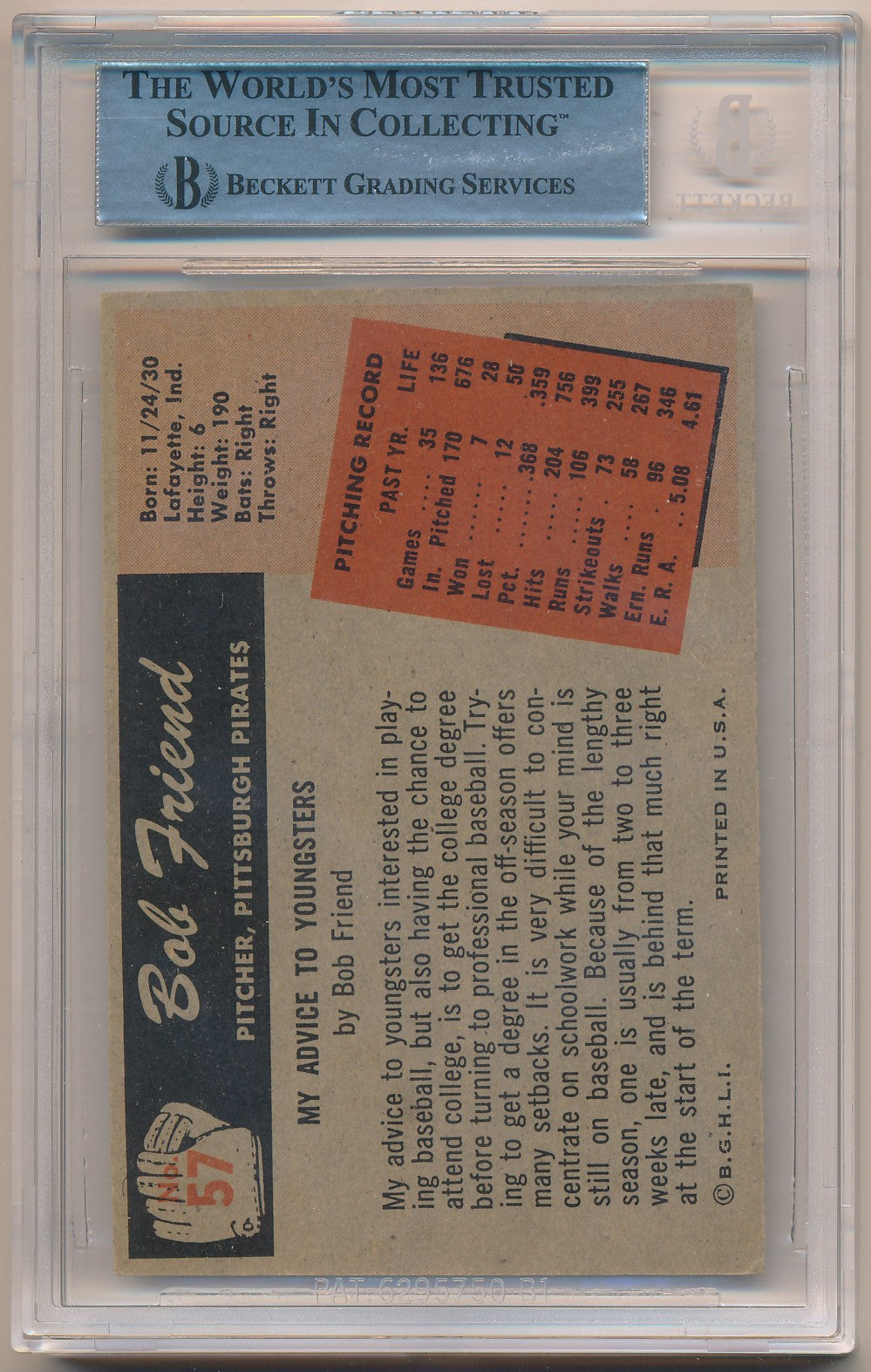1955 BOWMAN #57 BOB FRIEND AUTHENTIC AUTO BAS