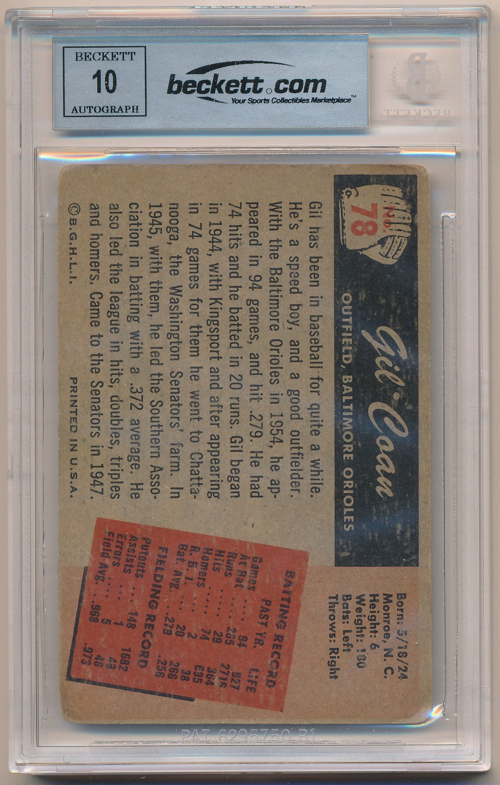 1955 BOWMAN #78 GIL COAN AUTHENTIC AUTO BAS
