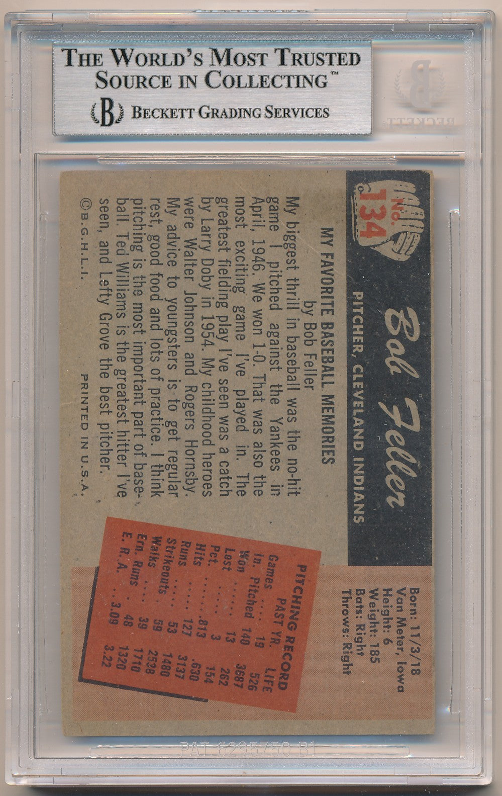 1955 BOWMAN #134 BOB FELLER AUTHENTIC AUTO BAS
