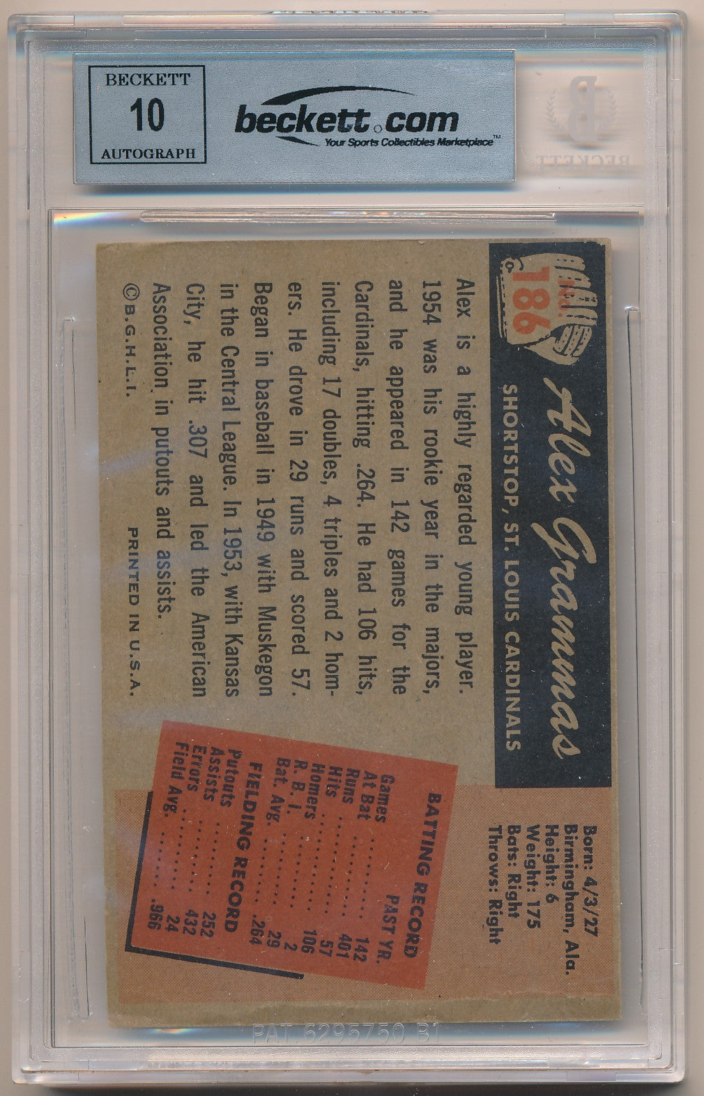 1955 BOWMAN #186 ALEX GRAMMAS AUTHENTIC AUTO BAS