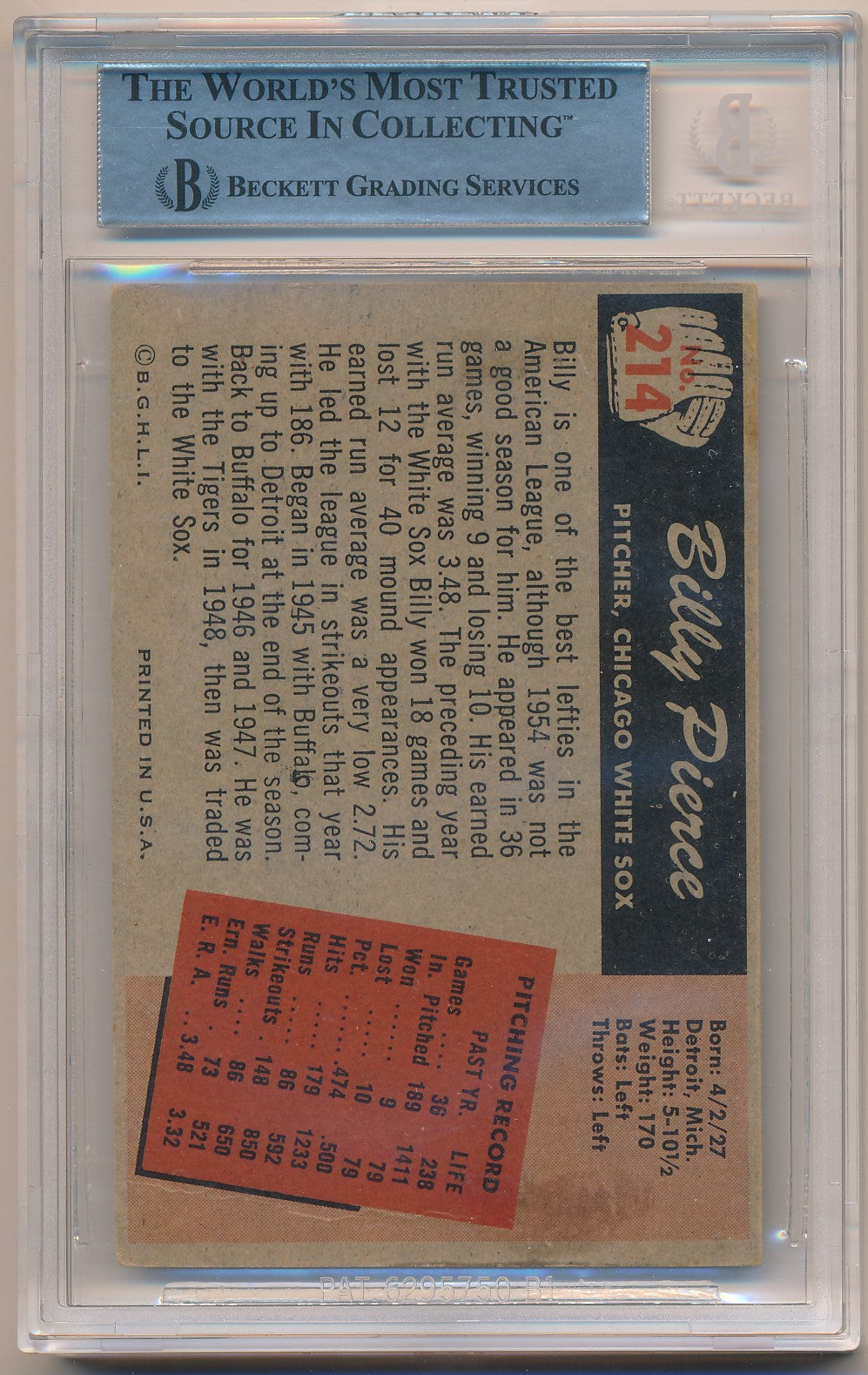 1955 BOWMAN #214 BILLY PIERCE AUTHENTIC AUTO BAS