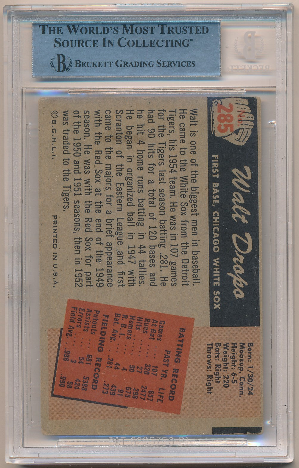 1955 BOWMAN #285 WALT DROPO AUTHENTIC AUTO BAS