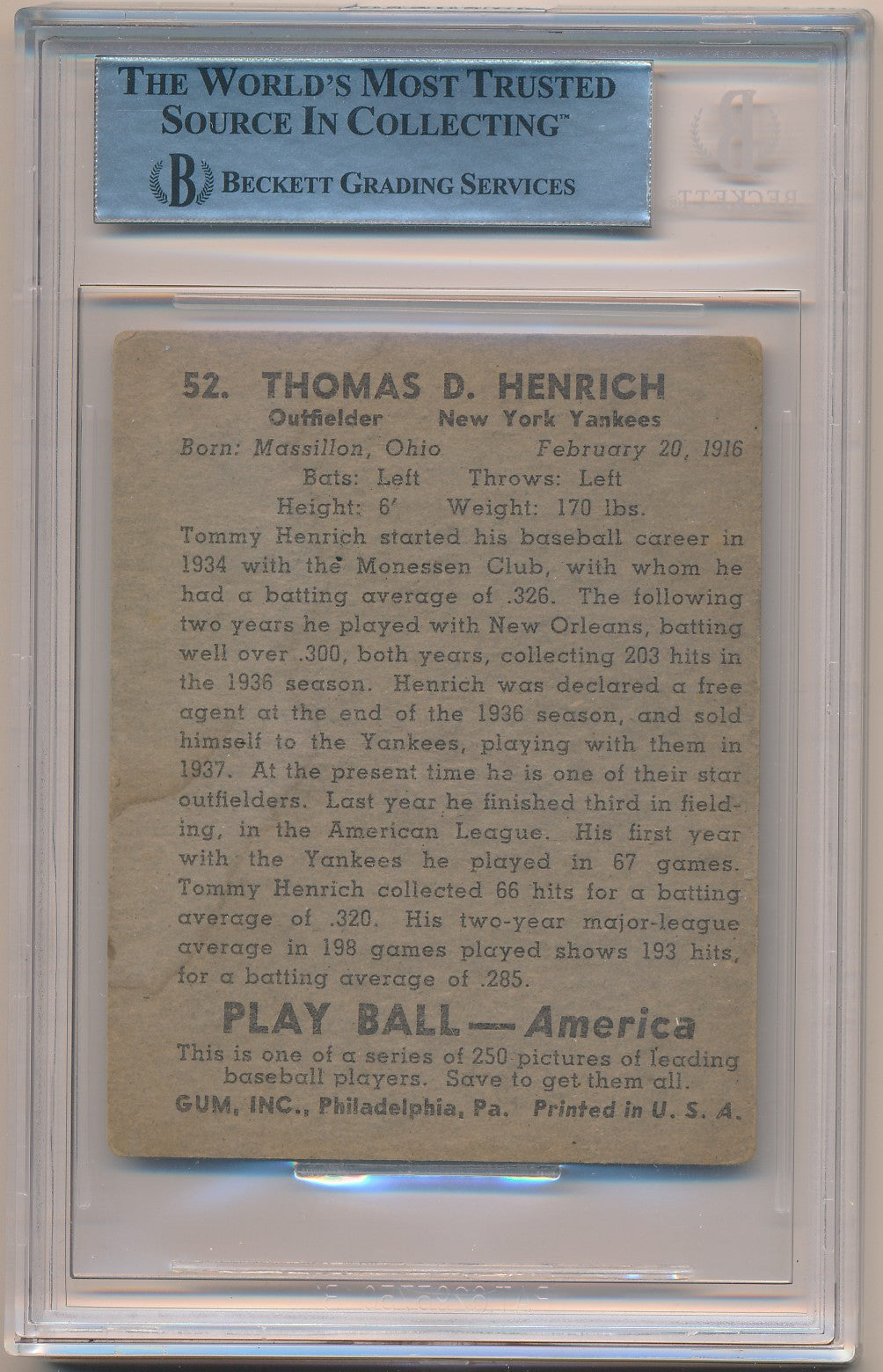 1955 BOWMAN #52 TOMMY HENRICH AUTHENTIC AUTO BAS