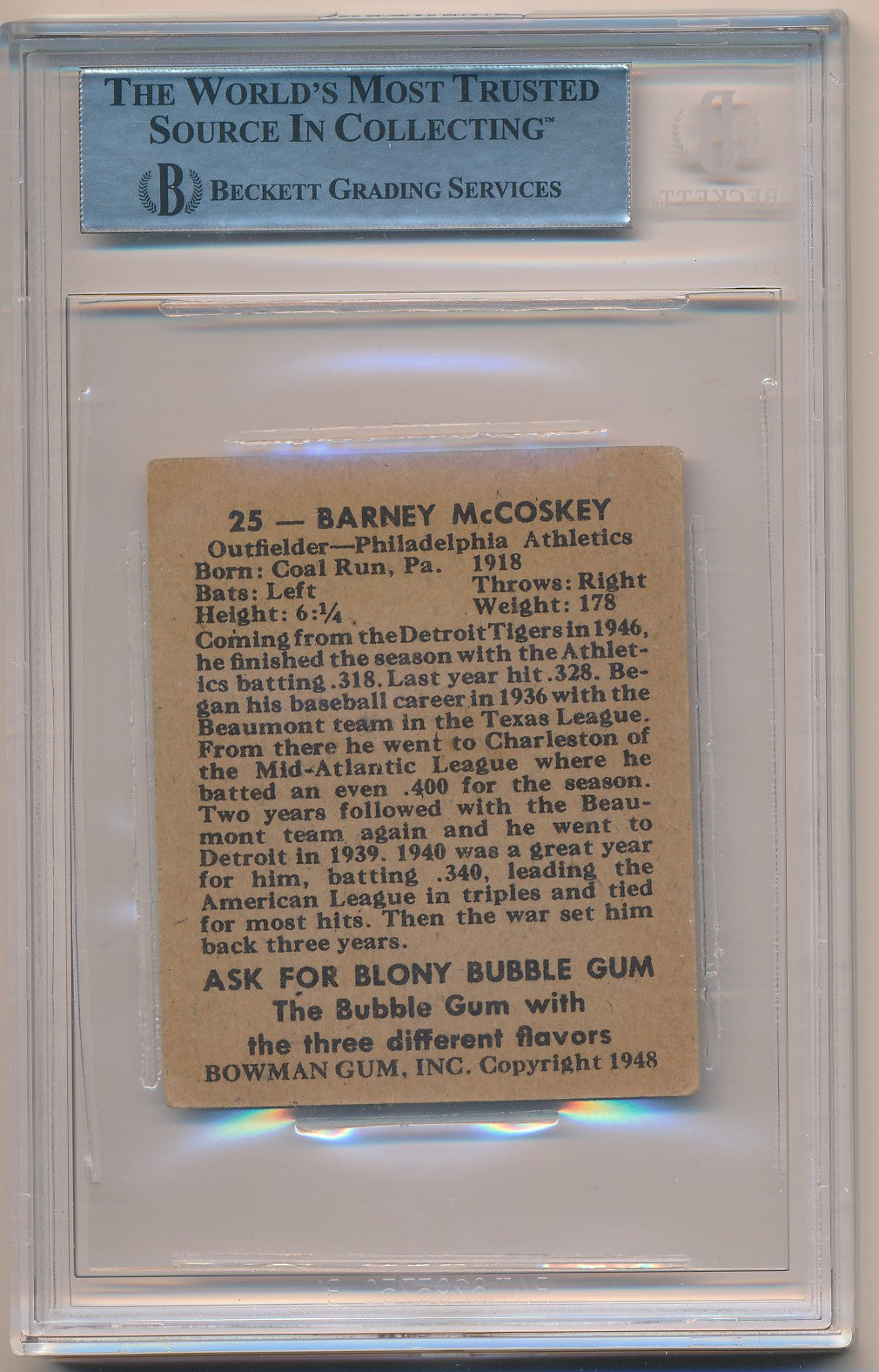 1948 BOWMAN #25 BARNEY MCCOSKY AUTHENTIC AUTO BAS
