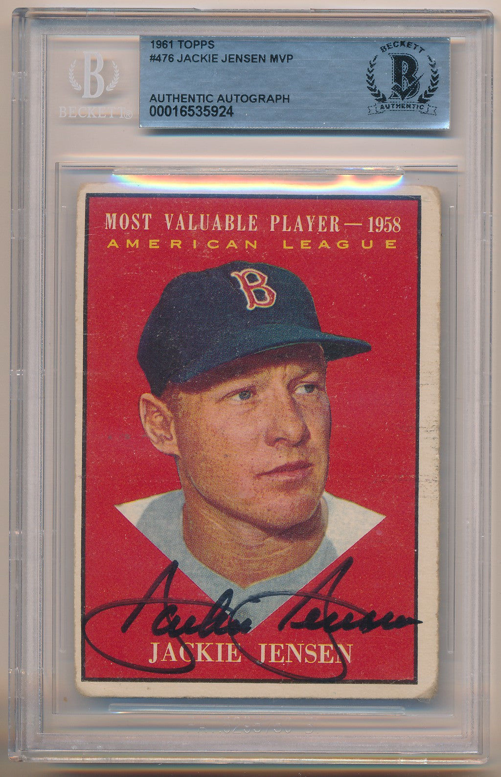 1961 TOPPS #476 JACKIE JENSEN MVP AUTHENTIC AUTO BAS