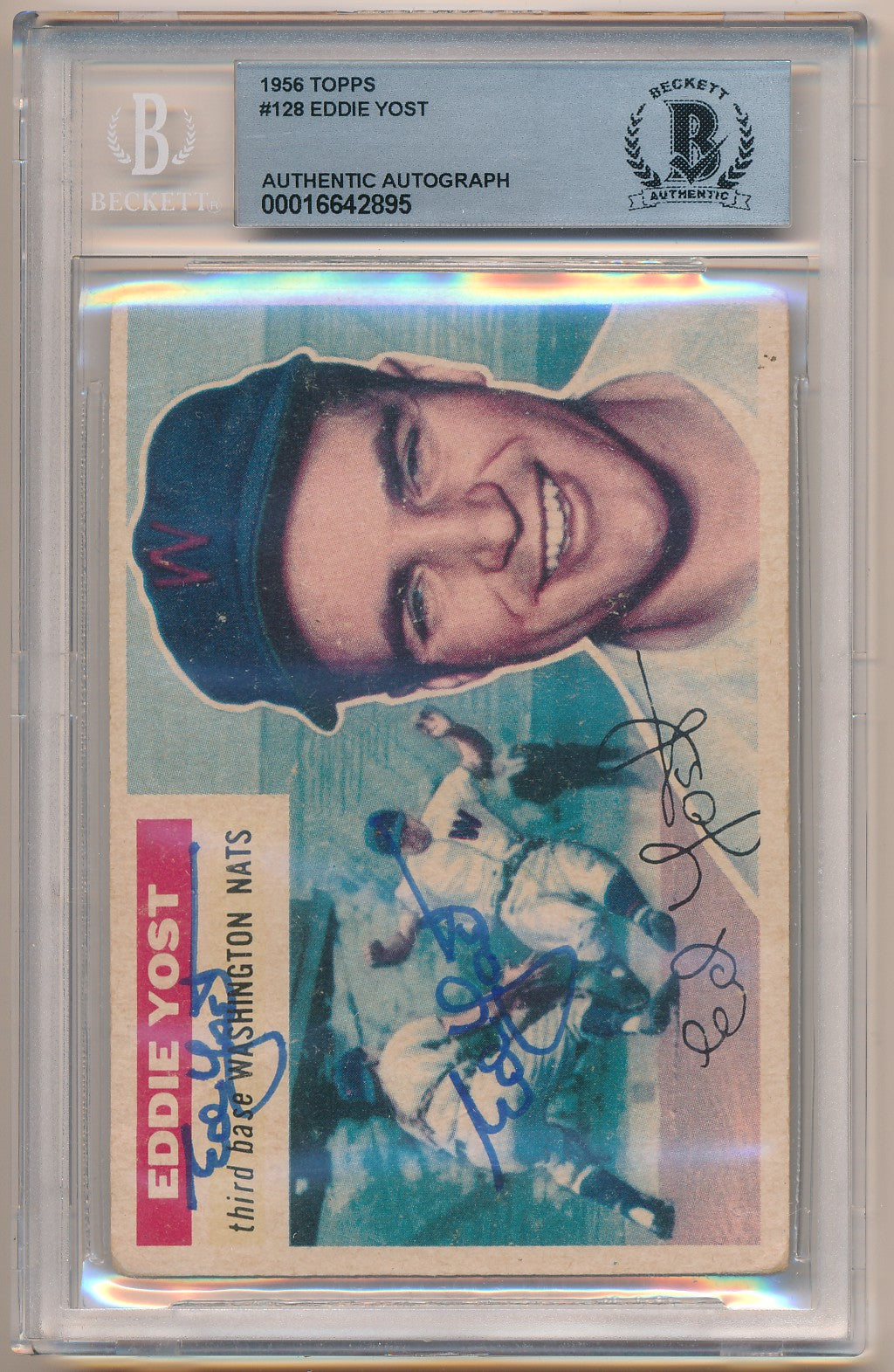 1956 TOPPS #128 EDDIE YOST AUTHENTIC AUTO BAS