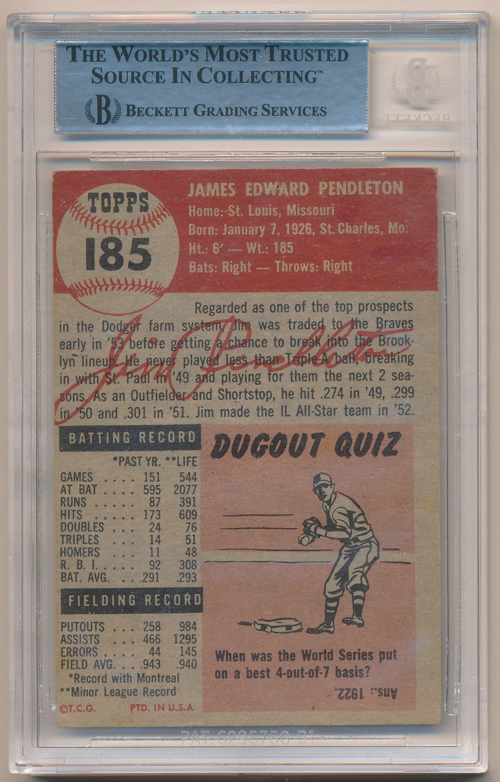 1953 TOPPS #185 JIM PENDLETON AUTHENTIC AUTO BAS
