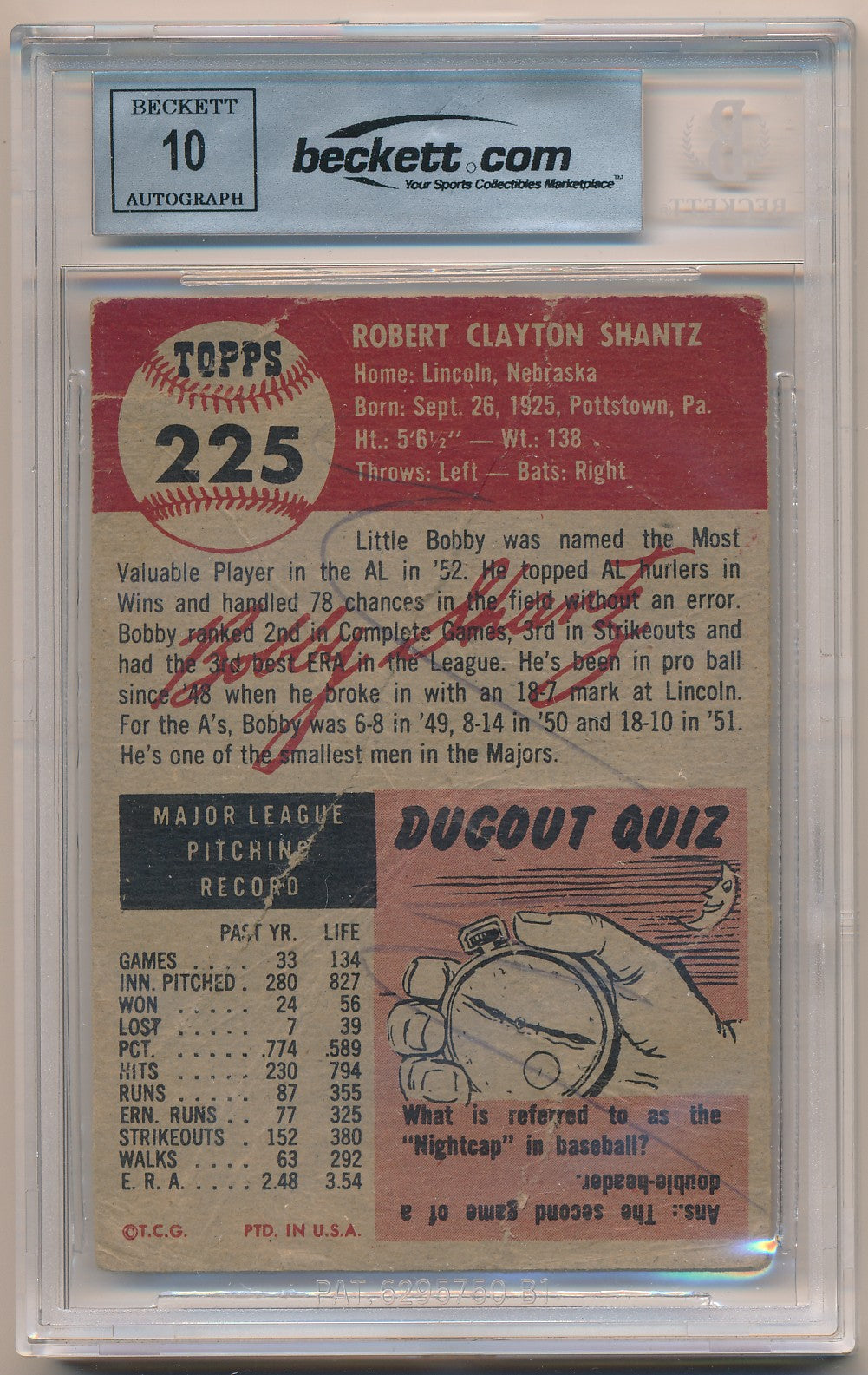 1953 TOPPS #225 BOBBY SHANTZ AUTHENTIC AUTO BAS